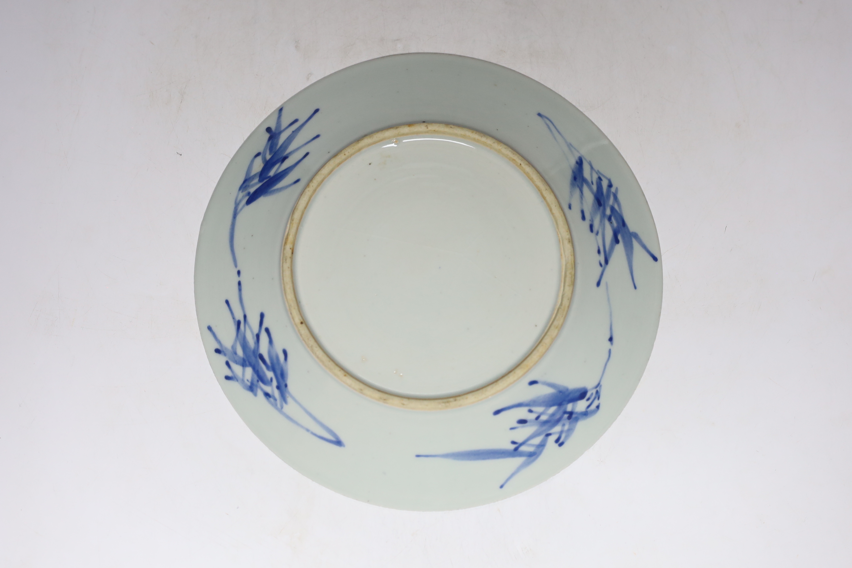 An 18th century Chinese export blue and white dish together with other various Chinese blue and white ceramics and a Worcester teabowl and saucer (13)